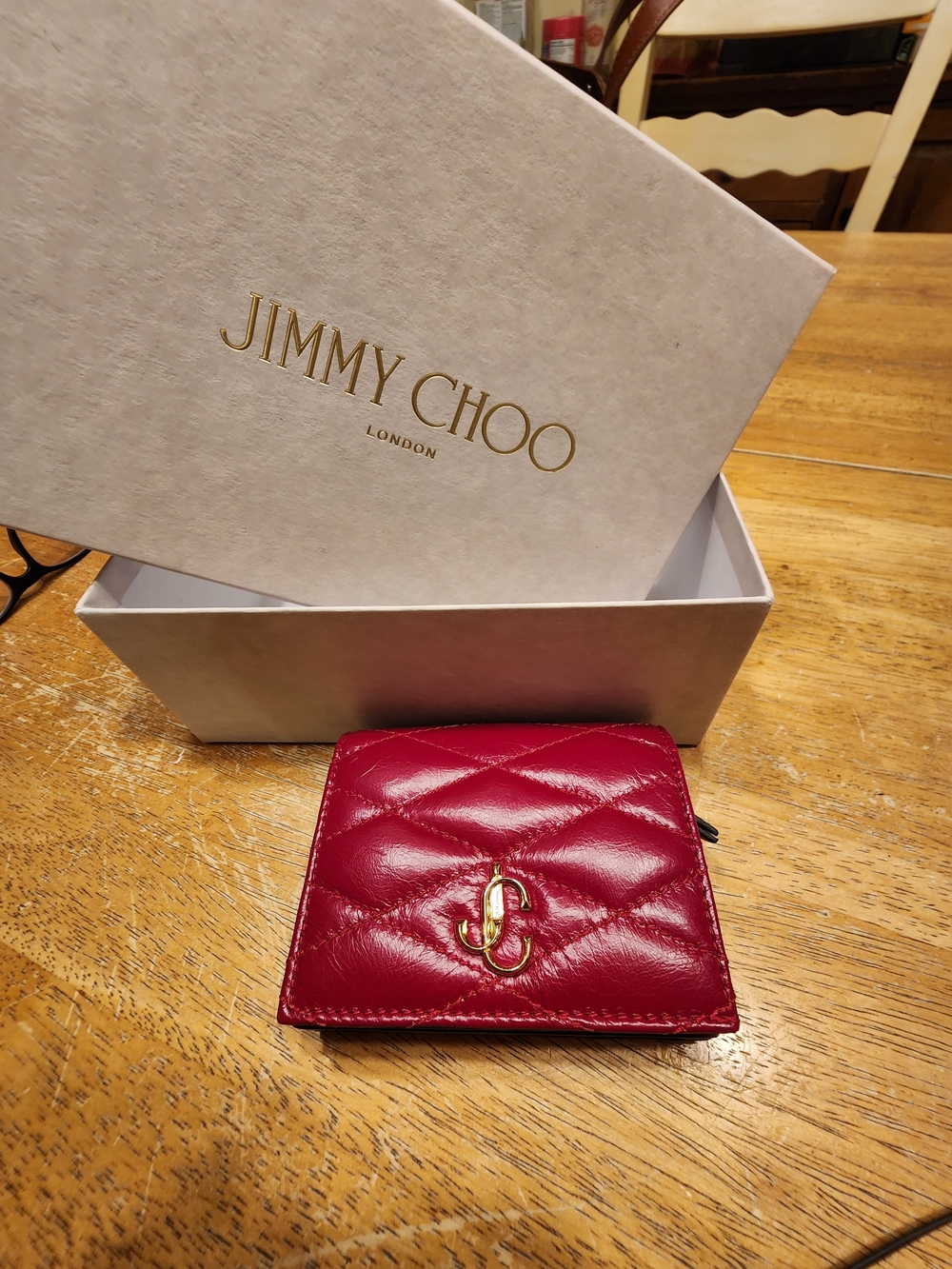 Jimmy Choo Farone Folding Wallet in raspberry red quilted leather with gold-tone